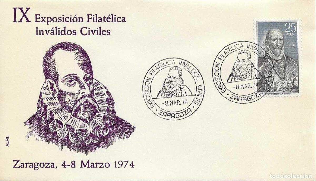 Sellos: CERVANTES INVALIDOS CIVILES IX EXPOSICION, ZARAGOZA 1974. RARO MATASELLOS EN SOBRE DE ALFIL