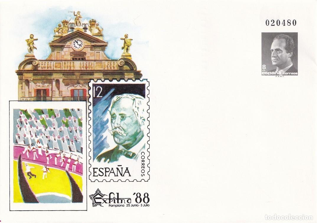 Sellos: Sobre entero postal Pamplona 1988 Exfilna 88 Exposici&oacute;n Filat&eacute;lica Nacional Edifil 10B San Fermines