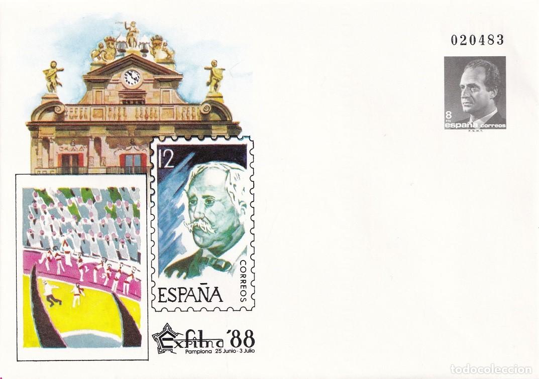 Sellos: Sobre entero postal Pamplona 1988 Exfilna 88 Exposici&oacute;n Filat&eacute;lica Nacional Edifil 10B San Fermines