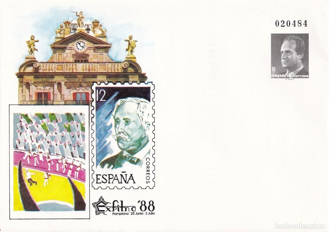 Sellos: Sobre entero postal Pamplona 1988 Exfilna 88 Exposici&oacute;n Filat&eacute;lica Nacional Edifil 10B San Fermines