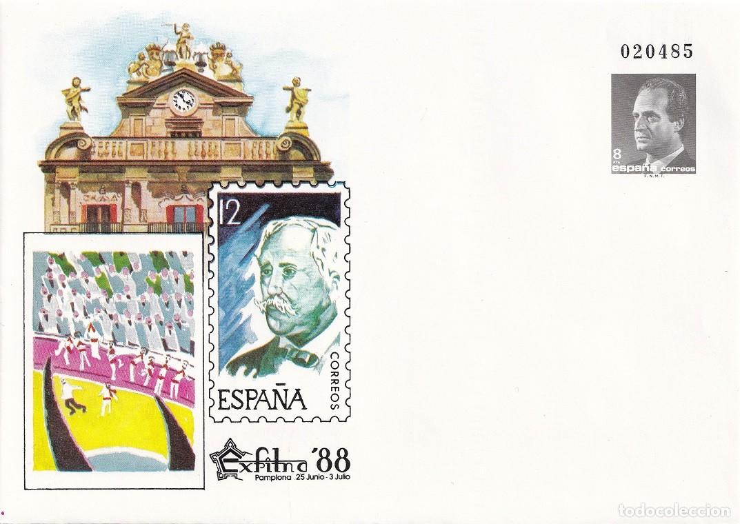 Sellos: Sobre entero postal Pamplona 1988 Exfilna 88 Exposici&oacute;n Filat&eacute;lica Nacional Edifil 10B San Fermines