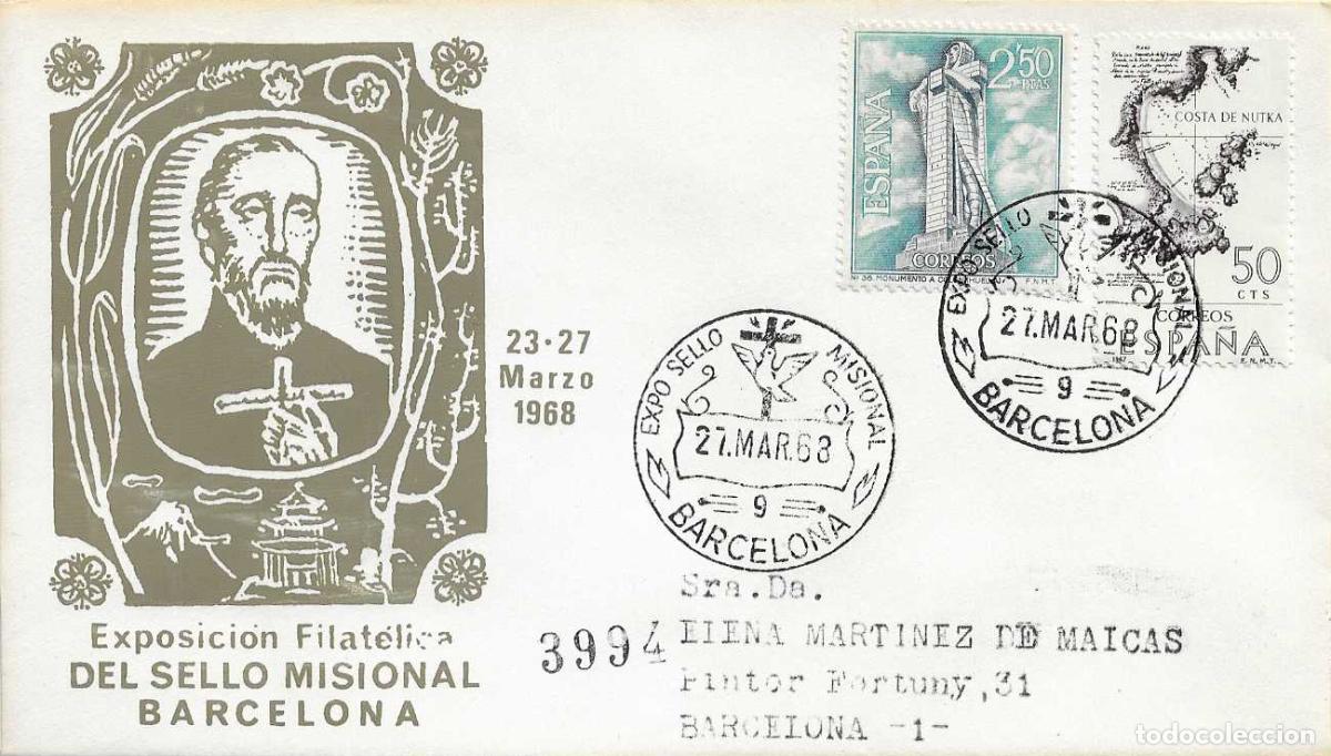 Sellos: XI EXPOSICION DEL SELLO MISIONAL, BARCELONA 1968. MATASELLOS EN SOBRE CIRCULADO EG BONITO Y RARO ASI