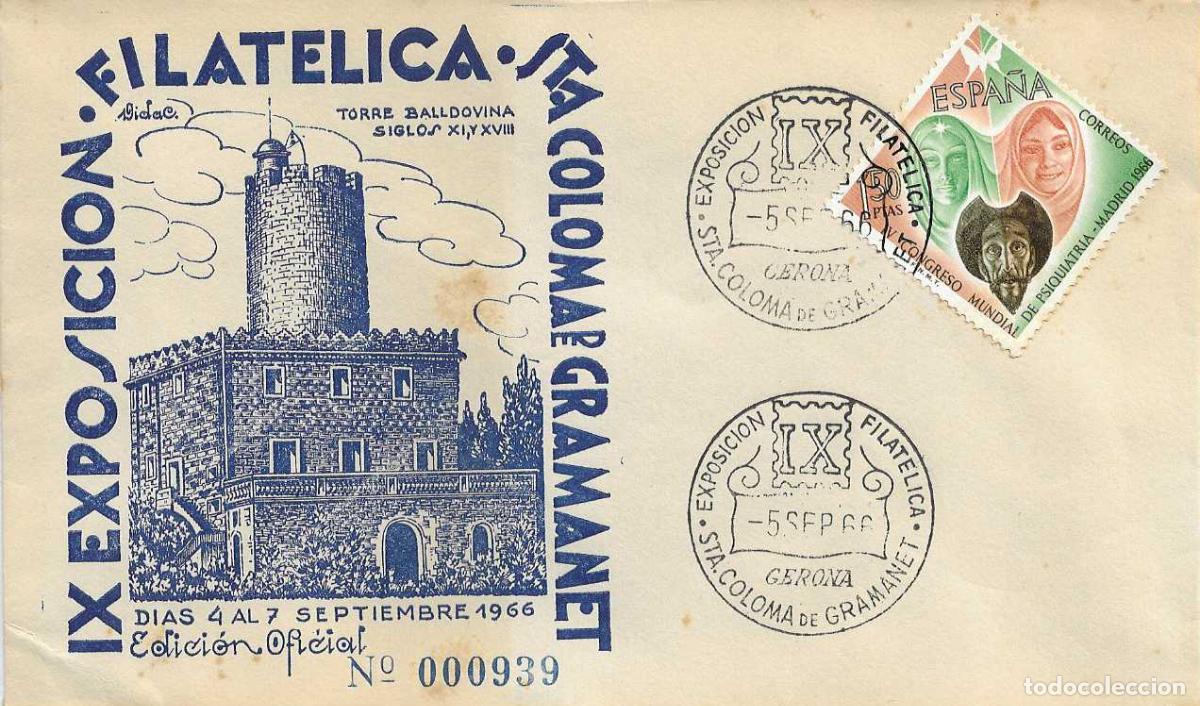 Sellos: TORRE BALLDOVINA IX EXPOSICION, SANTA COLOMA DE GRAMANET (BARCELONA) 1966. MATASELLOS SOBRE EO RARO