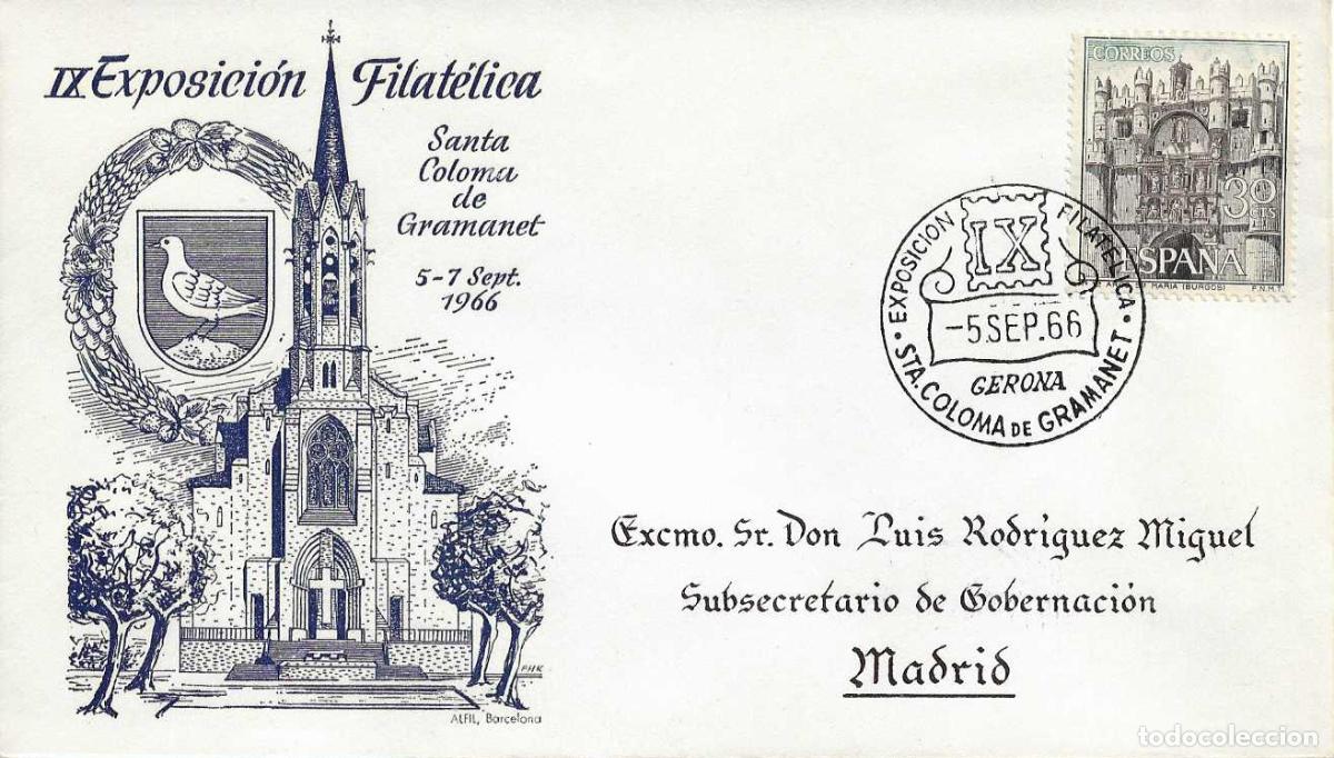 Sellos: IGLESIA MAYOR EXPOSICION, SANTA COLOMA DE GRAMANET (BARCELONA) 1966 MATASELLOS SOBRE ALFIL DIRIGIDO