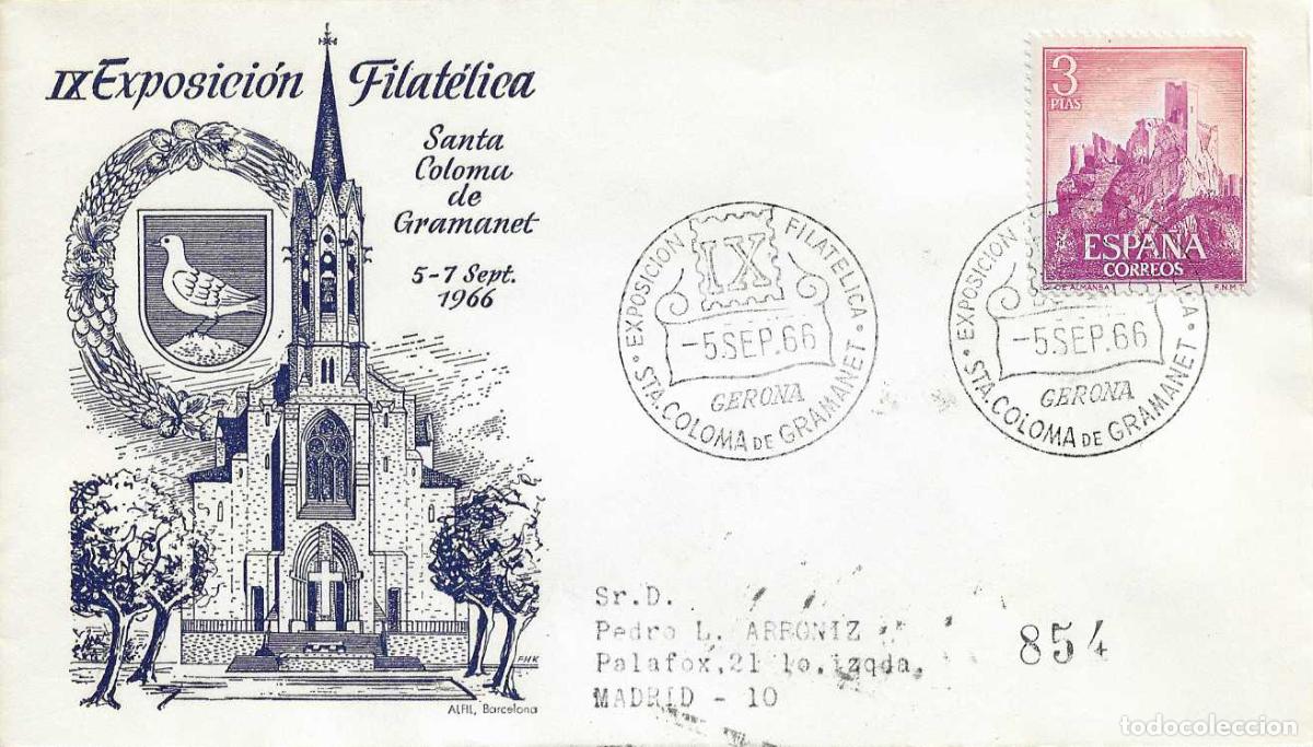 Sellos: IGLESIA MAYOR IX EXPOSICION SANTA COLOMA DE GRAMANET BARCELONA 1966 MATASELLOS SOBRE CIRCULADO ALFIL