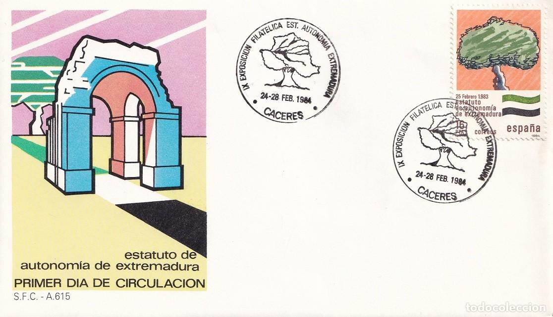 Sellos: SPD C&aacute;ceres 1984 - Estatuto de Autonom&iacute;a de Extremadura - IX Exposici&oacute;n filat&eacute;lica - Matasellos FDC