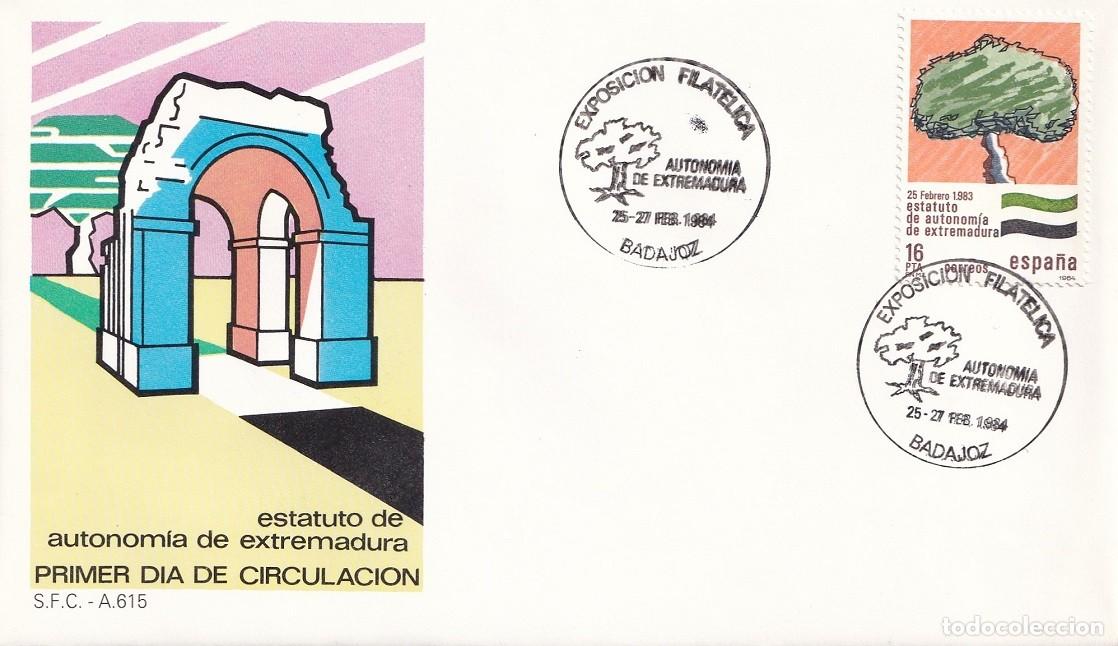 Sellos: SPD Badajoz 1984 - Estatuto de Autonom&iacute;a de Extremadura - IX Exposici&oacute;n filat&eacute;lica - Matasellos FDC