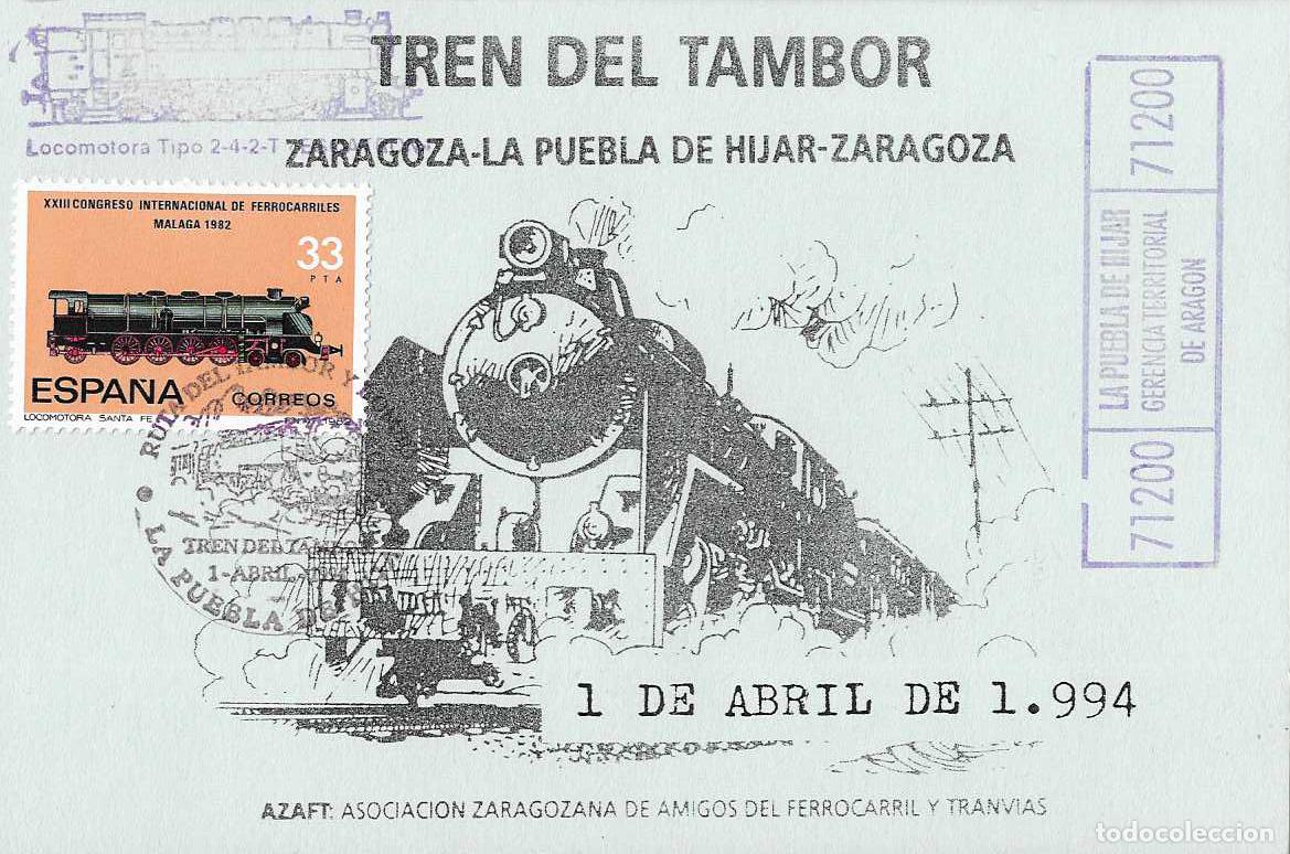 Sellos: TRENES TREN DEL TAMBOR RUTA DEL TAMBOR Y BOMBO, LA PUEBLA DE HIJAR 1994 RARO MATASELLOS EN TARJETA