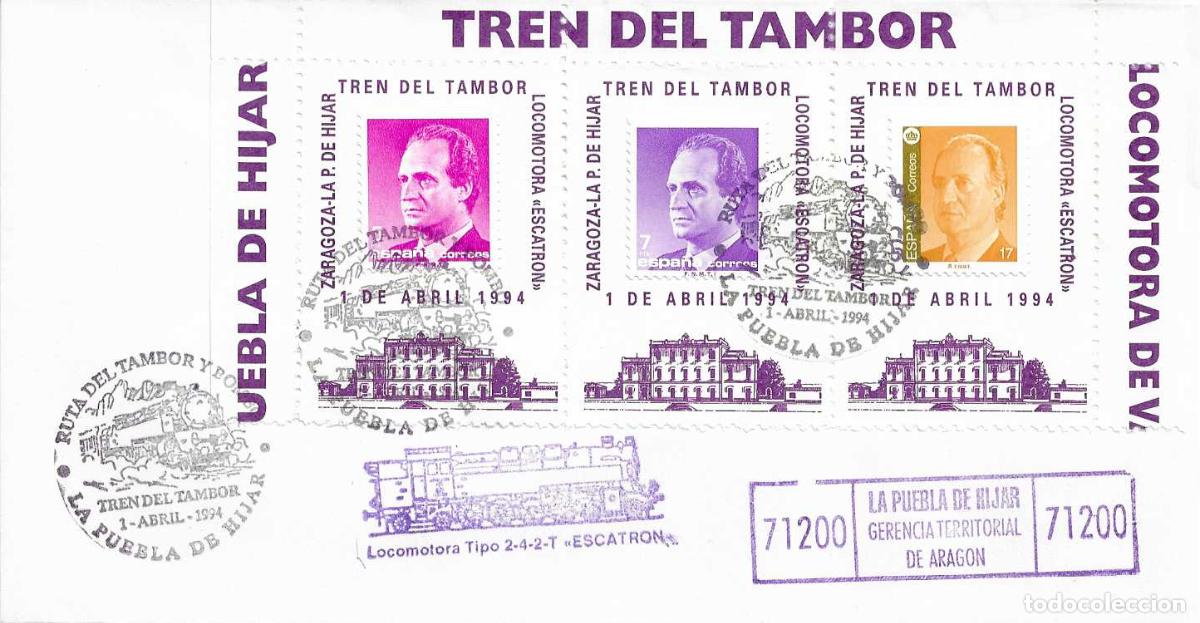 Sellos: MUY RARO TRES VI&Ntilde;ETAS TRENES TREN TAMBOR RUTA TAMBOR Y BOMBO LA PUEBLA DE HIJAR 1994 MATASELLO SOBRE