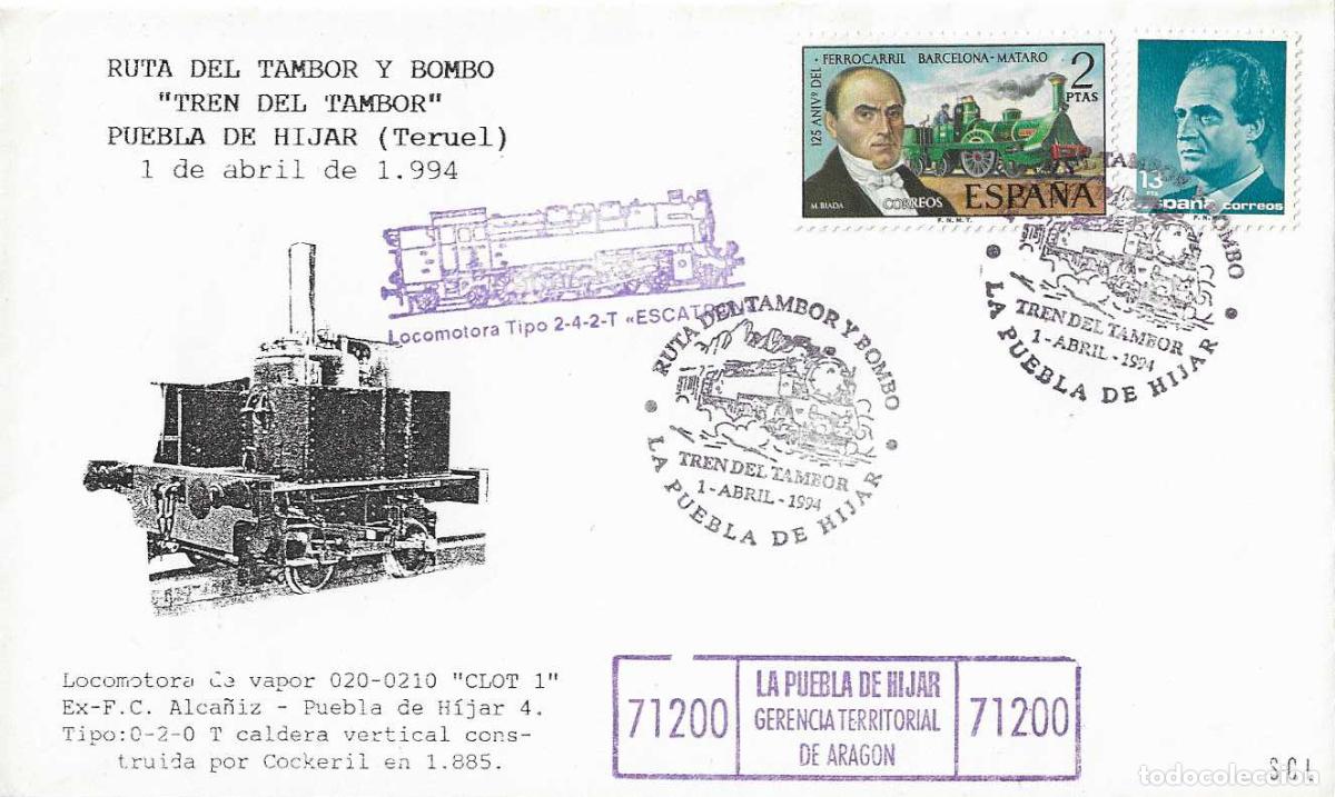 Sellos: TRENES FERROCARRIL TREN TAMBOR RUTA DEL TAMBOR Y BOMBO LA PUEBLA DE HIJAR 1994 MATASELLOS RARO SOBRE