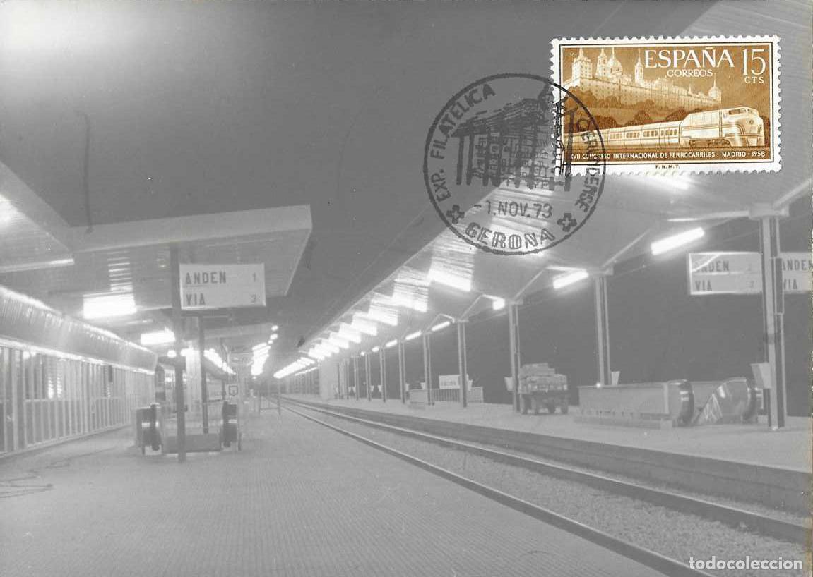Sellos: TRENES FERROCARRIL ELEVADO CONMEMORACION SUPRESION PASO A NIVEL, GERONA 1973 MATASELLOS TARJETA RARO