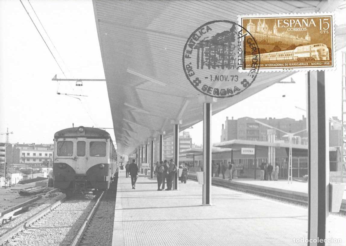 Sellos: TRENES FERROCARRIL ELEVADO CONMEMORACION SUPRESION PASO A NIVEL, GERONA 1973 MATASELLOS TARJETA RARO