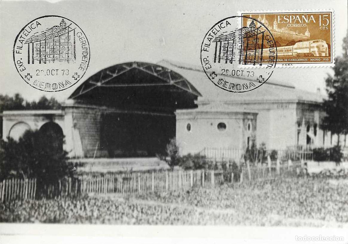 Sellos: TRENES FERROCARRIL ELEVADO CONMEMORACION SUPRESION PASO A NIVEL, GERONA 1973 MATASELLOS TARJETA RARO