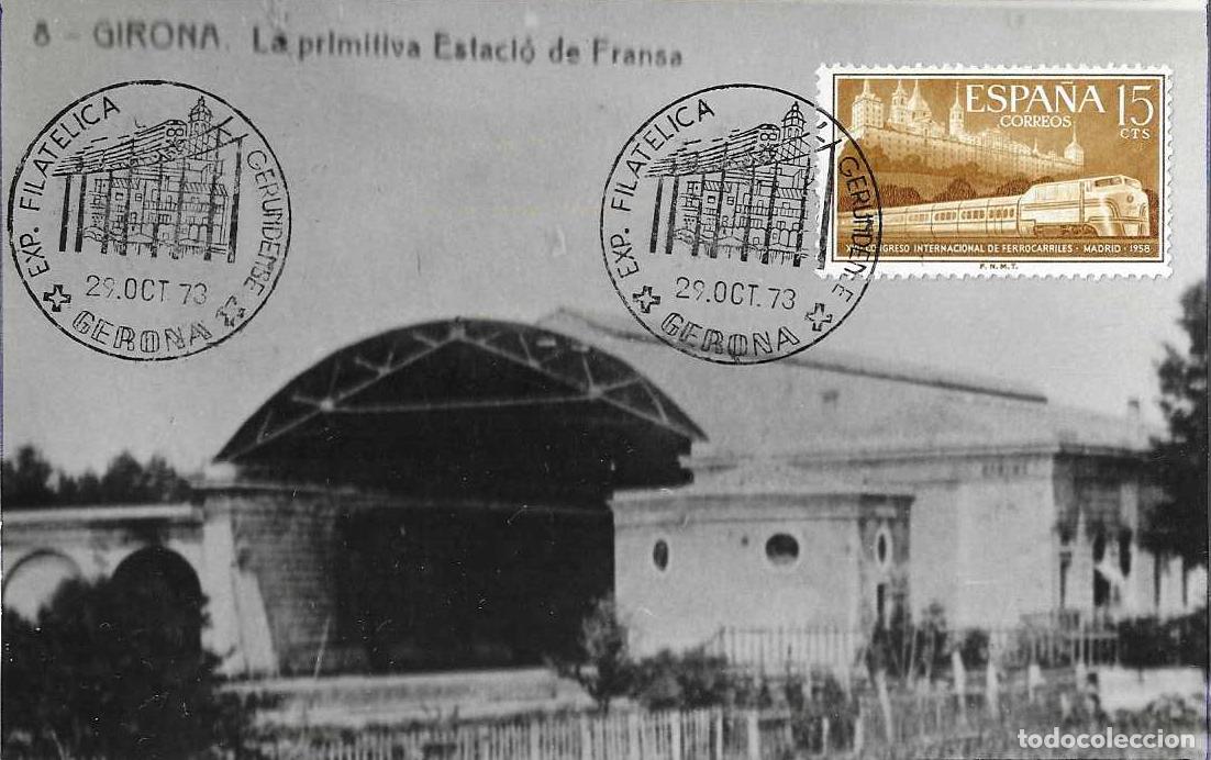 Sellos: TRENES FERROCARRIL ELEVADO CONMEMORACION SUPRESION PASO A NIVEL, GERONA 1973 MATASELLOS TARJETA RARO