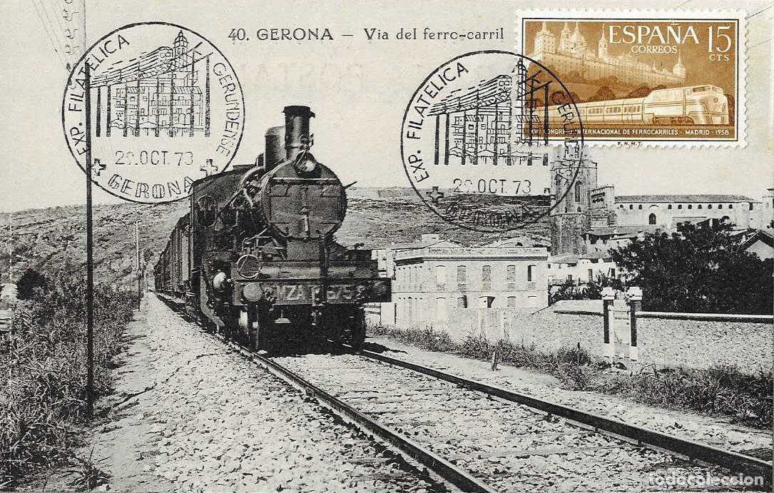 Sellos: TRENES FERROCARRIL ELEVADO CONMEMORACION SUPRESION PASO A NIVEL, GERONA 1973 MATASELLOS TARJETA RARO