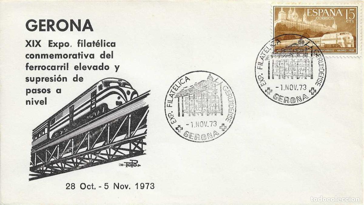 Sellos: TRENES FERROCARRIL ELEVADO CONMEMORACION SUPRESION PASO A NIVEL, GERONA 1973. MATASELLOS SOBRE TOPO