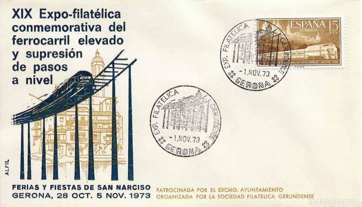 Sellos: TRENES FERROCARRIL ELEVADO CONMEMORACION SUPRESION PASO A NIVEL GERONA 1973 MATASELLOS SOBRE ALFIL 2