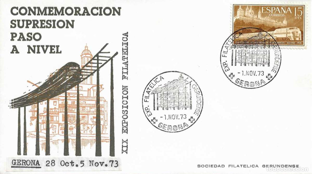 Sellos: TRENES FERROCARRIL ELEVADO CONMEMORACION SUPRESION PASO A NIVEL GERONA 1973 MATASELLOS SOBRE ALFIL 1