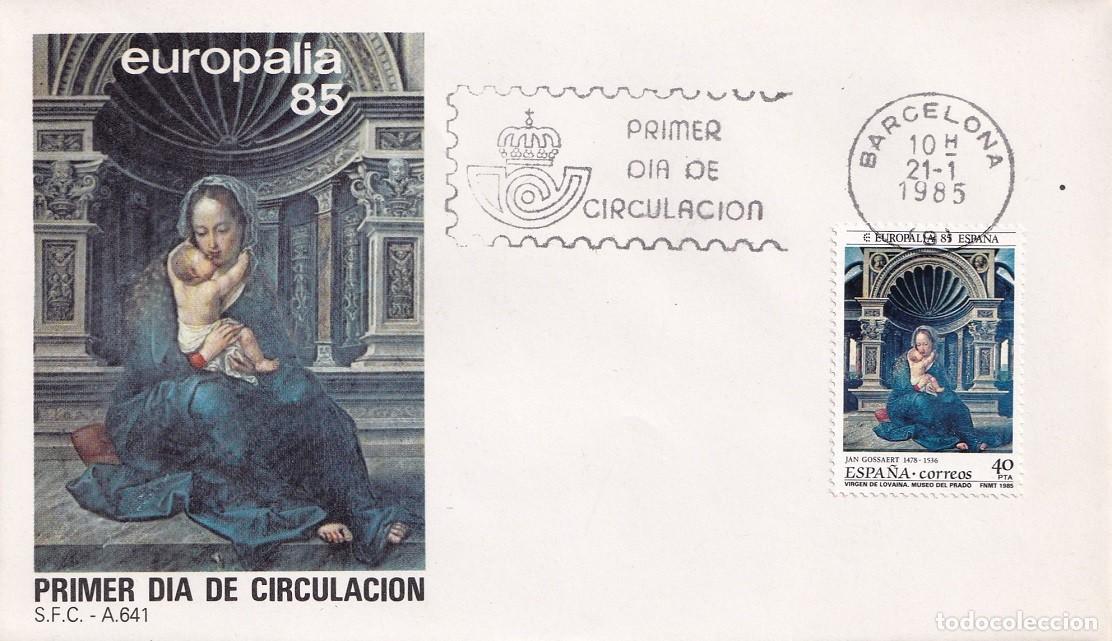 Sellos: SPD Barcelona 1985 - Europalia 85 - Virgen de Lovaina de Jean Gossaert - Primer d&iacute;a de circulaci&oacute;n