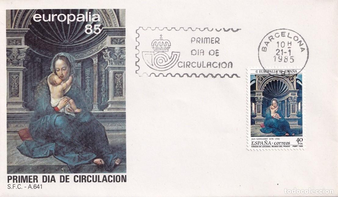 Sellos: SPD Barcelona 1985 - Europalia 85 - Virgen de Lovaina de Jean Gossaert - Primer d&iacute;a de circulaci&oacute;n