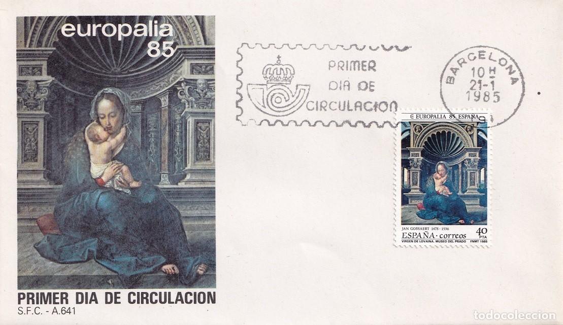 Sellos: SPD Barcelona 1985 - Europalia 85 - Virgen de Lovaina de Jean Gossaert - Primer d&iacute;a de circulaci&oacute;n