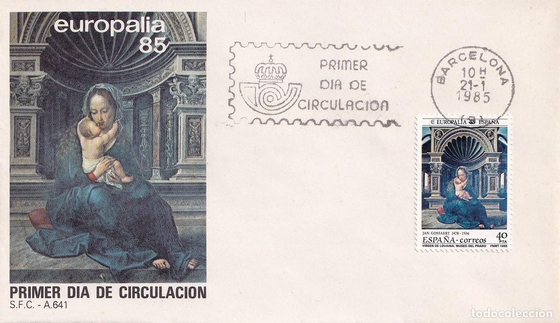 Sellos: SPD Barcelona 1985 - Europalia 85 - Virgen de Lovaina de Jean Gossaert - Primer d&iacute;a de circulaci&oacute;n