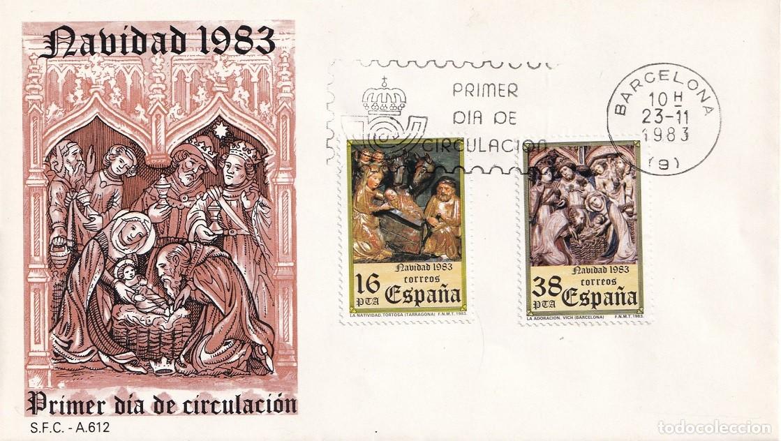 Sellos: SPD Barcelona 1983 Navidad - Natividad de Tortosa - La Adoraci&oacute;n de Vich - Primer d&iacute;a de circulaci&oacute;n