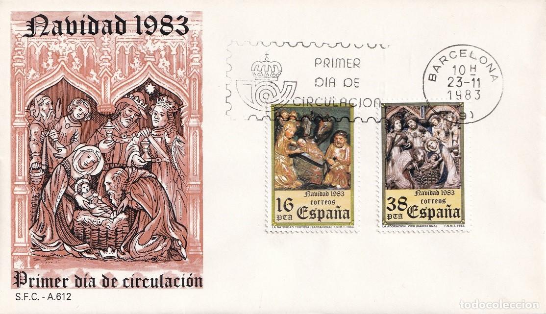 Sellos: SPD Barcelona 1983 Navidad - Natividad de Tortosa - La Adoraci&oacute;n de Vich - Primer d&iacute;a de circulaci&oacute;n