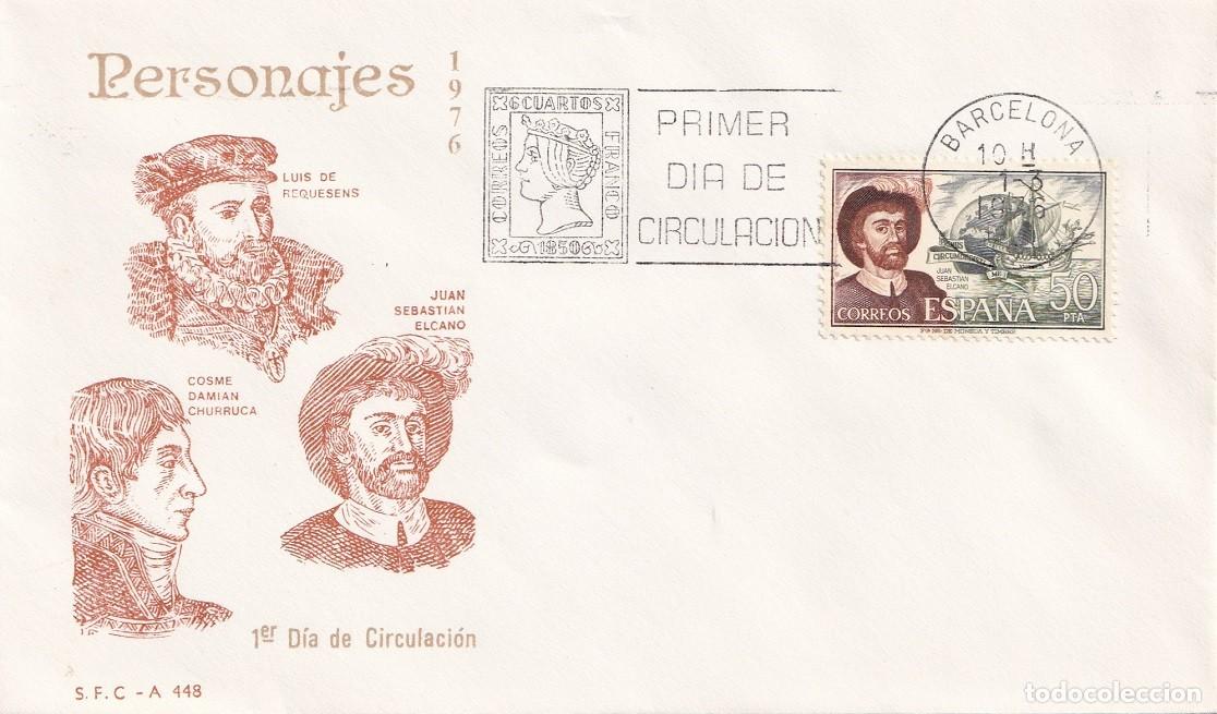 Sellos: SPD Barcelona 1976 - Personajes - Exploradores espa&ntilde;oles - Juan Sebasti&aacute;n Elcano - Primer d&iacute;a circ.