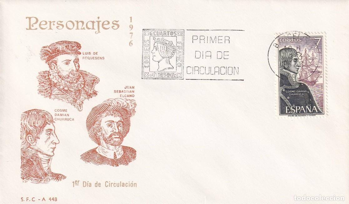 Sellos: SPD Barcelona 1976 - Personajes - Exploradores espa&ntilde;oles - Cosme Dami&aacute;n Churruca - Primer d&iacute;a circ.