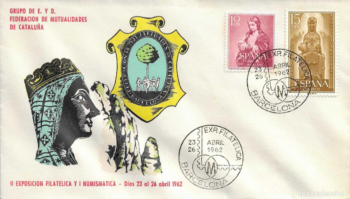 Sellos: VIRGEN MONTSERRAT FEDERACION MUTUALIDADES CATALU&Ntilde;A II EXPOSICION BARCELONA 1962. MATASELLOS SOBRE EO