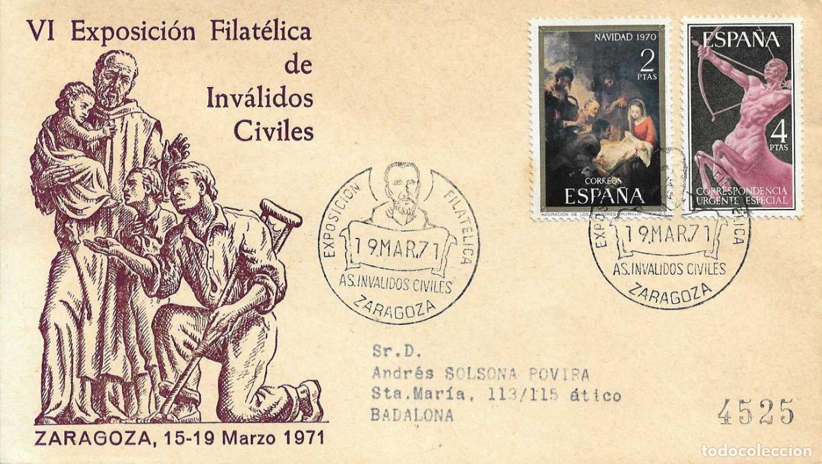 Sellos: SAN JUAN DE DIOS INVALIDOS CIVILES VI EXPOSICION ZARAGOZA 1971 RARO MATASELLOS SOBRE CIRCULADO ALFIL