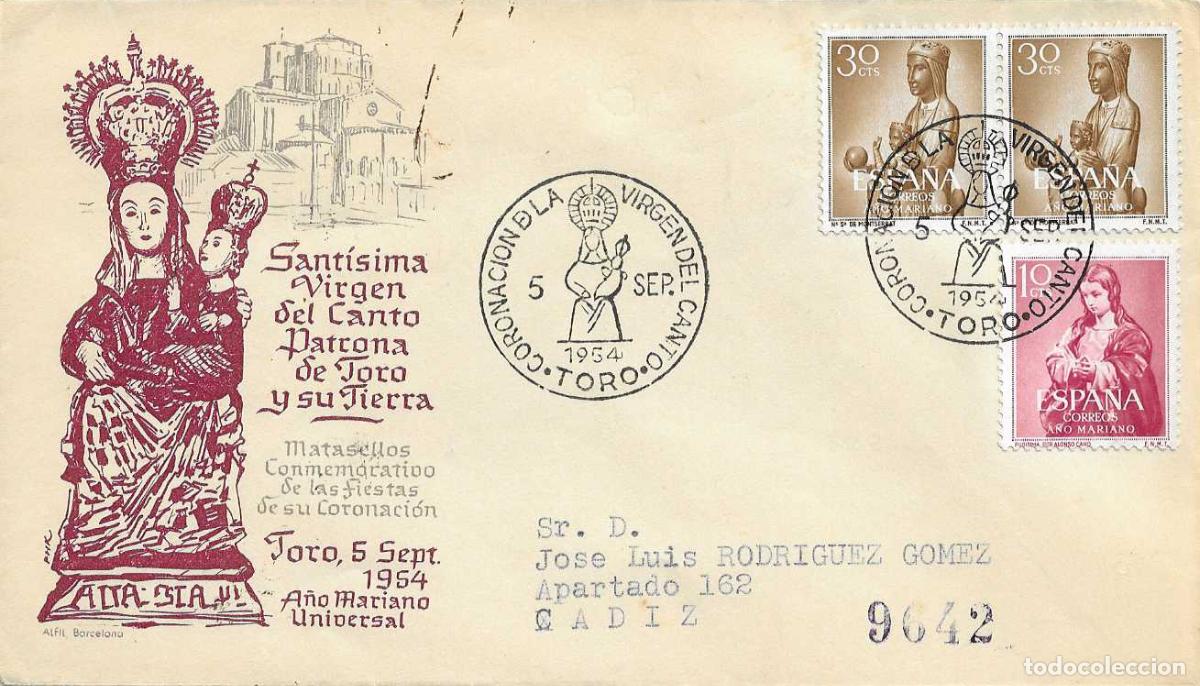 Sellos: CORONACION DE LA VIRGEN DEL CANTO, TORO (ZAMORA) 1954. RARO MATASELLOS SOBRE CIRCULADO DE ALFIL RWR
