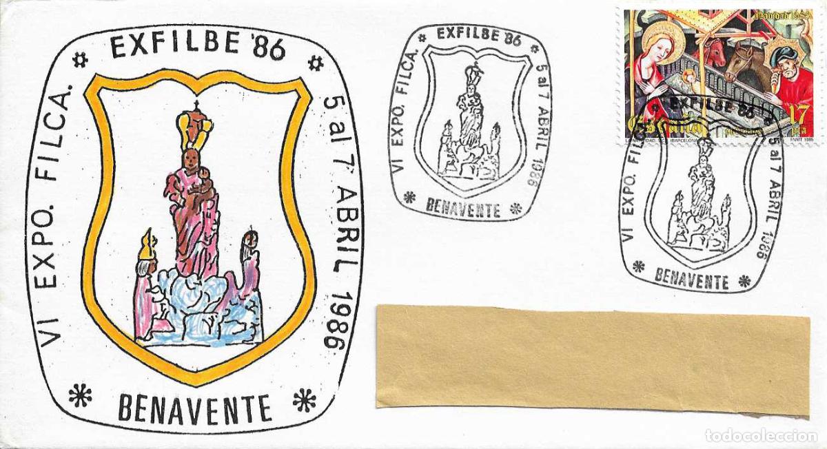 Sellos: VIRGEN DE LA VEGA VI EXPOSICION EXFILBE, BENAVENTE (ZAMORA) 1986 MATASELLOS SOBRE ILUSTRADO MUY RARO