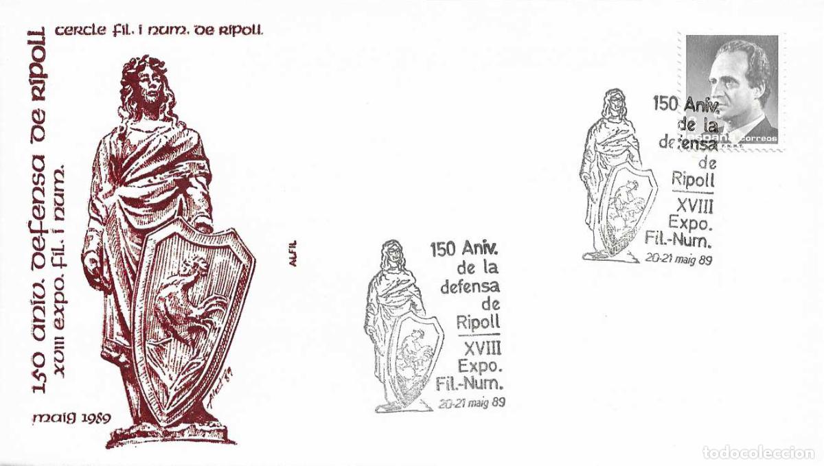 Sellos: DEFENSA DE RIPOLL 150 ANIVERSARIO XVIII EXPOFIL, RIPOLL (GERONA) 1989 RARO MATASELLOS EN SOBRE ALFIL