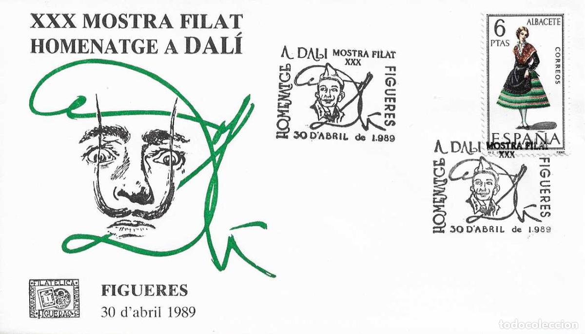 Sellos: PINTURA DALI HOMENATGE XXX MOSTRA, FIGUERAS FIGUERES (GERONA GIRONA) 1989. MATASELLOS EN RARO SOBRE