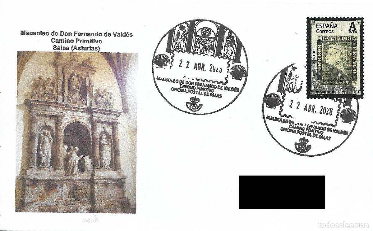 Sellos: ESPA&Ntilde;A. MATASELLOS ESPECIAL. MAUSOLEO DE DON FERNANDO DE VALDES. SALAS (ASTURIAS). CAMINO SANTIAGO.