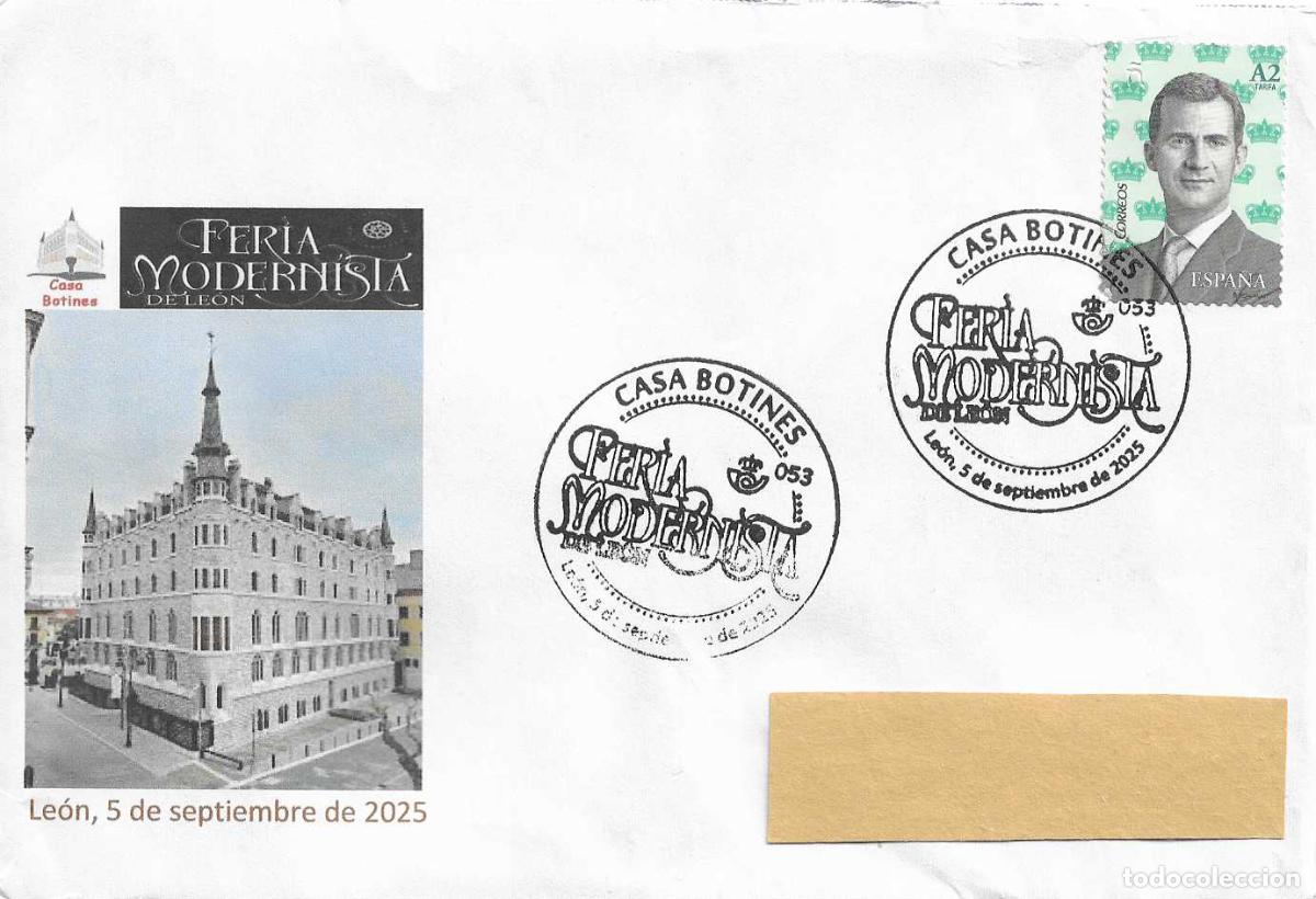 Sellos: ANTONIO GAUDI CASA BOTINES FERIA MODERNISTA, LEON 2025. MATASELLOS EN SOBRE ILUSTRADO RARO RWR