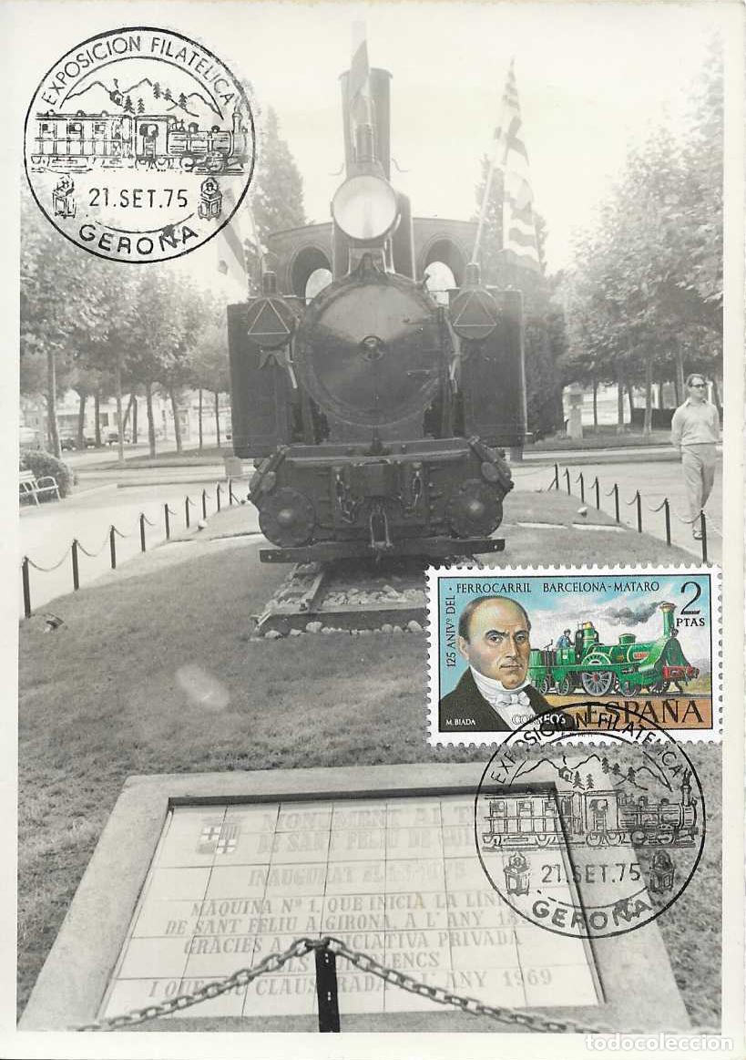 Sellos: TRENES TRASLADO CARRILET DE SAN FELIU EXPOSICION, GERONA 1975 MATASELLOS FERROCARRIL EN TARJETA RARO