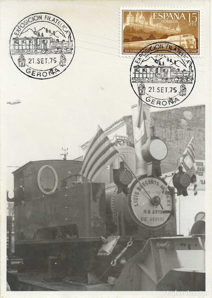Sellos: TRENES TRASLADO CARRILET DE SAN FELIU EXPOSICION, GERONA 1975 MATASELLOS FERROCARRIL EN TARJETA RARO