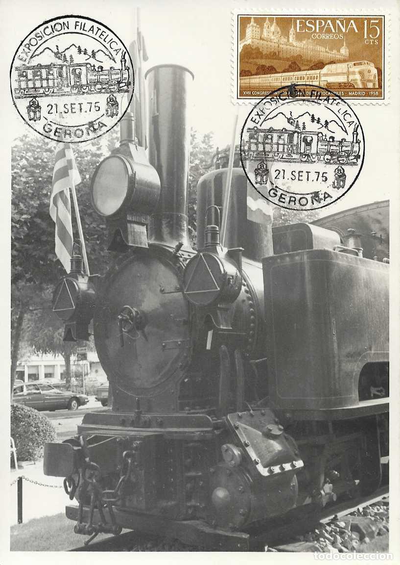 Sellos: TRENES TRASLADO CARRILET DE SAN FELIU EXPOSICION, GERONA 1975 MATASELLOS FERROCARRIL EN TARJETA RARO