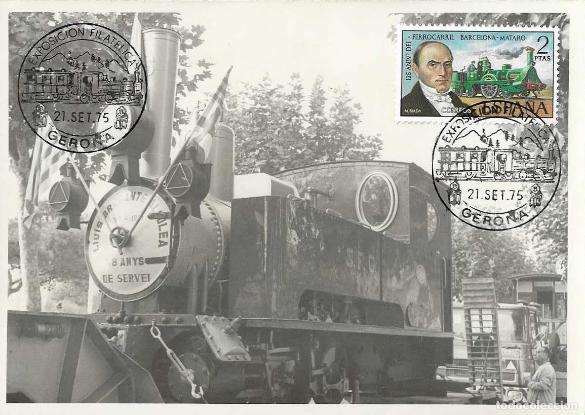 Sellos: TRENES TRASLADO CARRILET DE SAN FELIU EXPOSICION, GERONA 1975 MATASELLOS FERROCARRIL EN TARJETA RARO