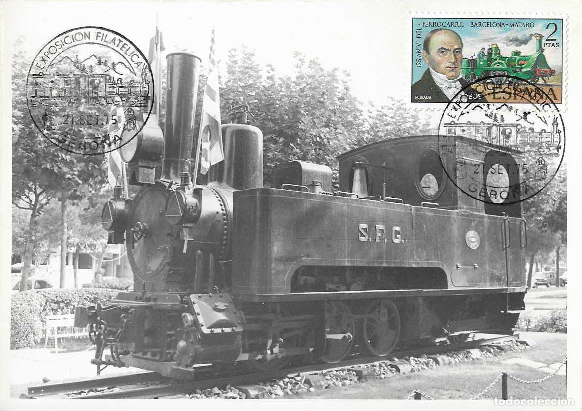 Sellos: TRENES TRASLADO CARRILET DE SAN FELIU EXPOSICION, GERONA 1975 MATASELLOS FERROCARRIL EN TARJETA RARO