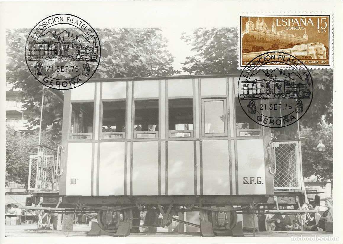Sellos: TRENES TRASLADO CARRILET DE SAN FELIU EXPOSICION, GERONA 1975 MATASELLOS FERROCARRIL EN TARJETA RARO