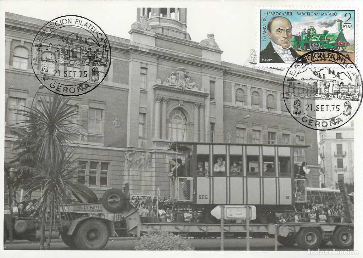 Sellos: TRENES TRASLADO CARRILET DE SAN FELIU EXPOSICION, GERONA 1975 MATASELLOS FERROCARRIL EN TARJETA RARO