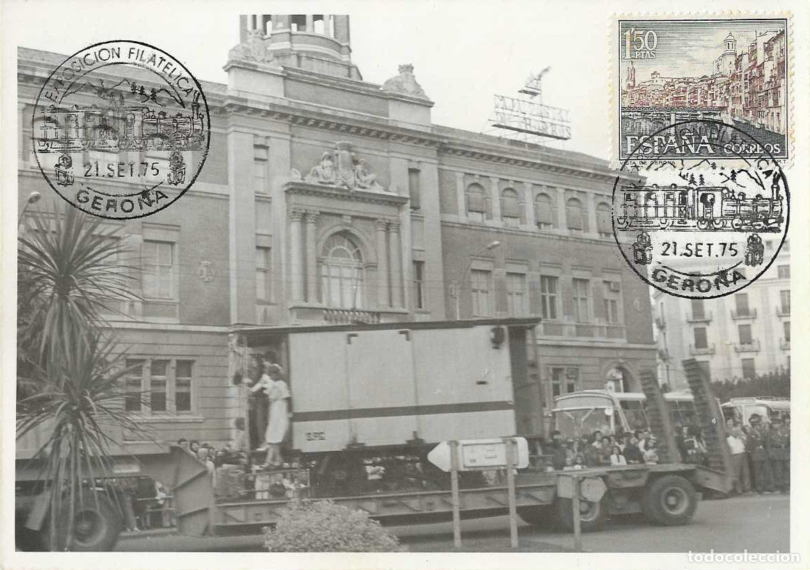 Sellos: TRENES TRASLADO CARRILET DE SAN FELIU EXPOSICION, GERONA 1975 MATASELLOS FERROCARRIL EN TARJETA RARO