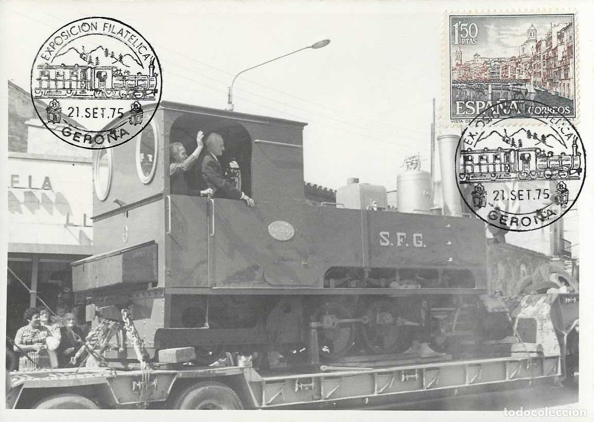 Sellos: TRENES TRASLADO CARRILET DE SAN FELIU EXPOSICION, GERONA 1975 MATASELLOS FERROCARRIL EN TARJETA RARO