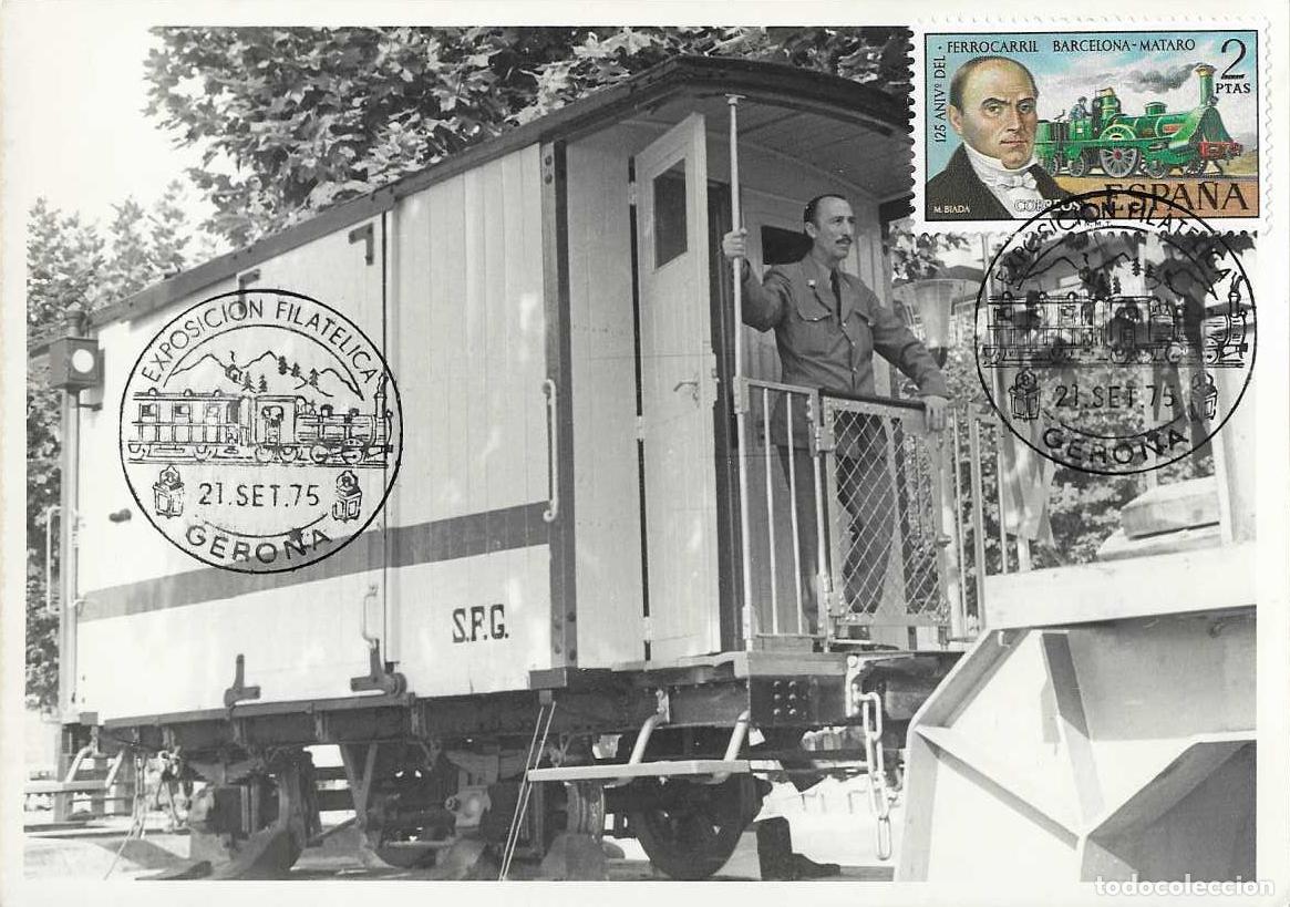 Sellos: TRENES TRASLADO CARRILET DE SAN FELIU EXPOSICION, GERONA 1975 MATASELLOS FERROCARRIL EN TARJETA RARO