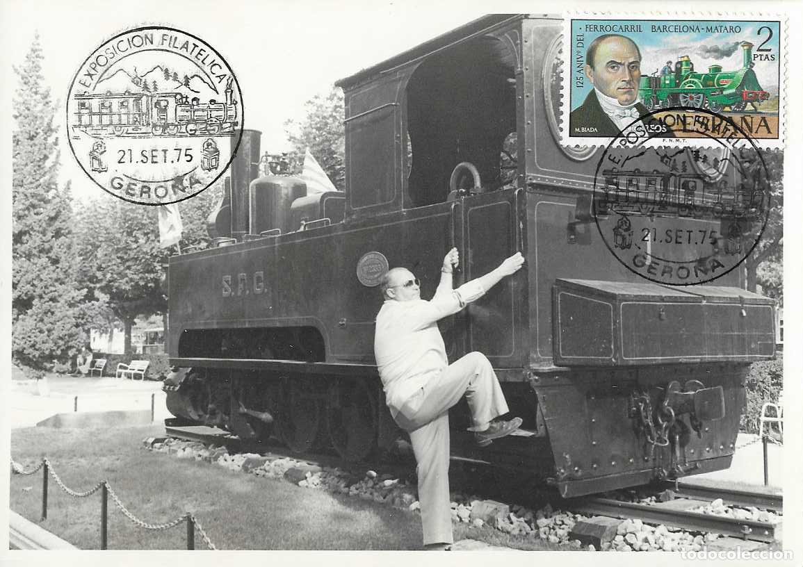 Sellos: TRENES TRASLADO CARRILET DE SAN FELIU EXPOSICION, GERONA 1975 MATASELLOS FERROCARRIL EN TARJETA RARO