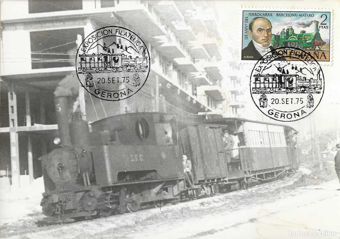 Sellos: TRENES TRASLADO CARRILET DE SAN FELIU EXPOSICION, GERONA 1975 MATASELLOS FERROCARRIL EN TARJETA RARO